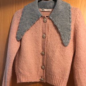 Zara pink and blue collar cardigan with jewel buttons